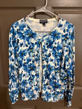 Lands' End Blue, White and Yellow Floral Crewneck Cardigan